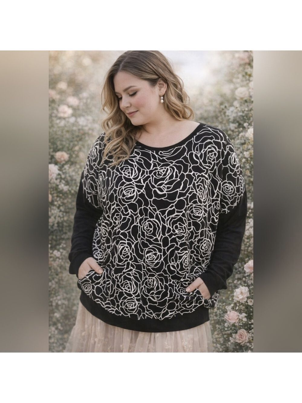 Womens Laura Plus Black/White Floral Rose Print Cottagecore Sweater. Size 2X